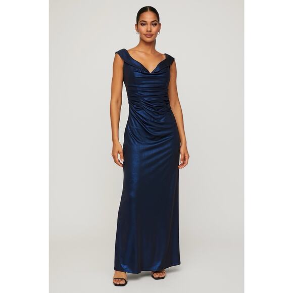 La Femme Ruched Navy Blue Off The Shoulder Metallic Shimmer Jersey Gown 10 NWOT - Picture 1 of 4